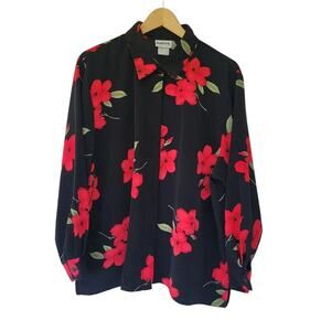 BonWorth Floral Blouse Black Red Women Size XLP Petite Vintage Button Down